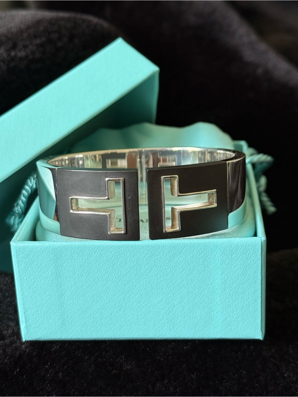 Tiffany & Co T Cutout Wide Bracelet Black and Sterling Silver New